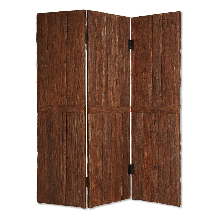 A beautifully handcrafted 3-panel Brown Wood Tahoe Screen made from rustic mountain pine, showcasing its elegant design and natural wood finish.