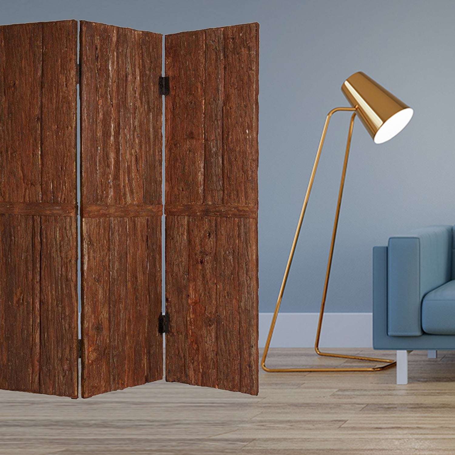 A beautifully handcrafted 3-panel Brown Wood Tahoe Screen made from rustic mountain pine, showcasing its elegant design and natural wood finish.