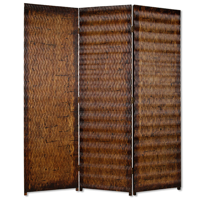 A stylish 3-panel screen made of patterned wood with a silver metallic finish and rustic brown and black accents, perfect for room division.