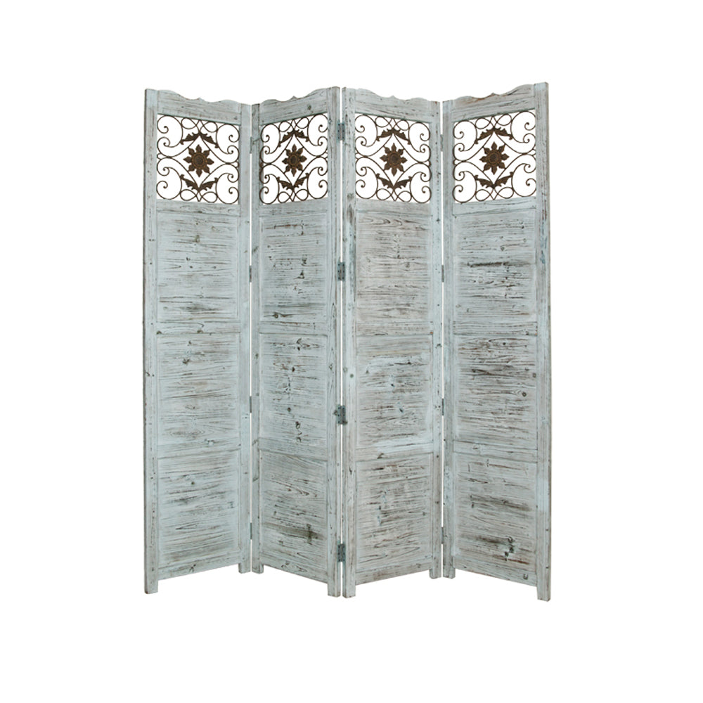 A beautiful 4-panel blue wood screen made of solid cedar, featuring a vintage design with a soft blue stained finish.