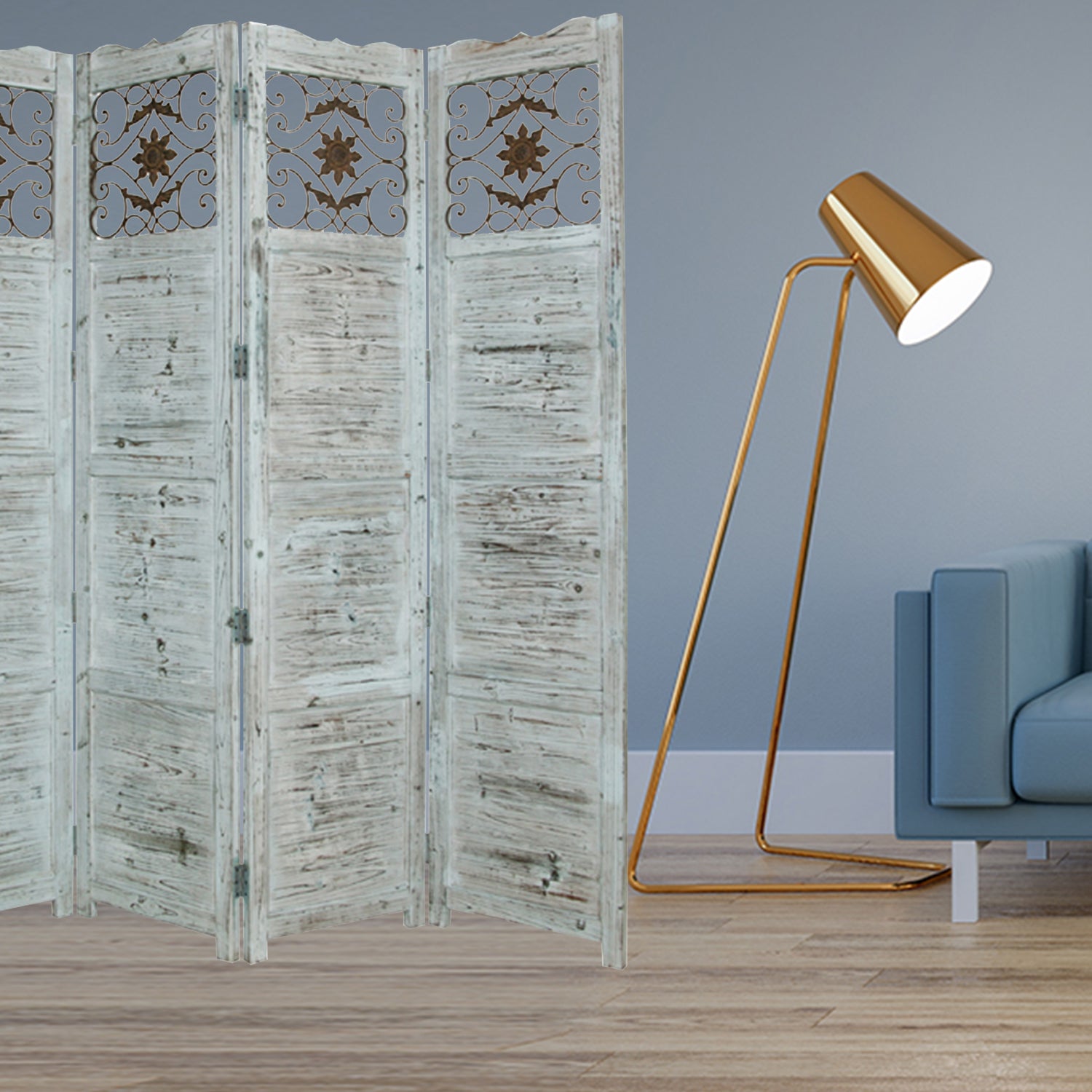 A beautiful 4-panel blue wood screen made of solid cedar, featuring a vintage design with a soft blue stained finish.