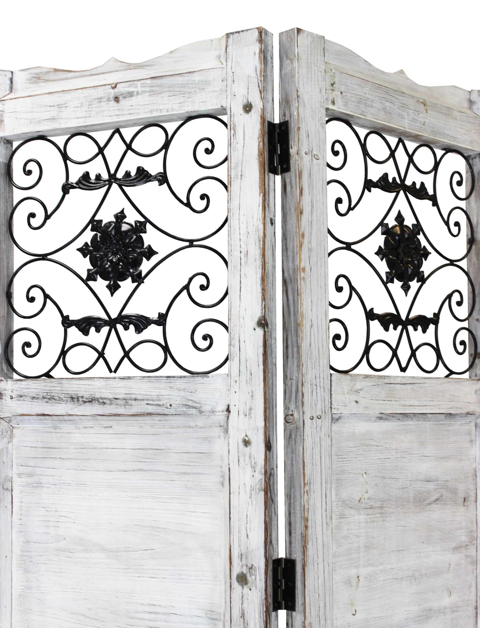 A beautiful 4-panel blue wood screen made of solid cedar, featuring a vintage design with a soft blue stained finish.