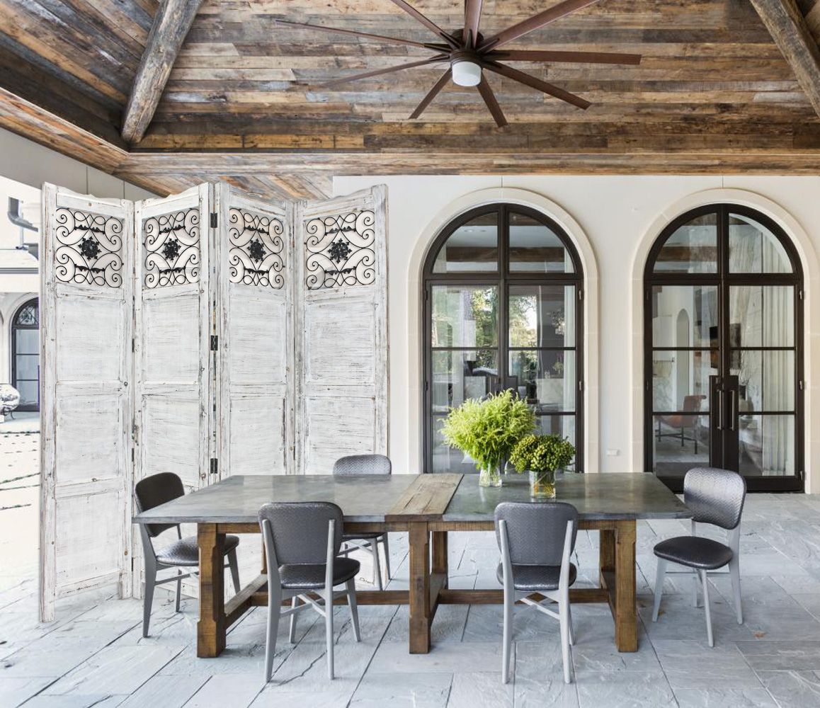 A beautiful 4-panel blue wood screen made of solid cedar, featuring a vintage design with a soft blue stained finish.