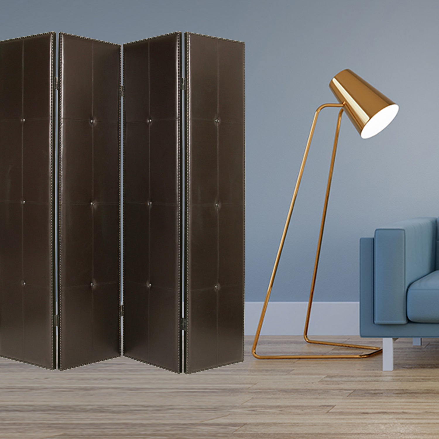 Elegant 4-panel brown faux leather screen with diamond stitching and antique brass accents, perfect for contemporary home decor.