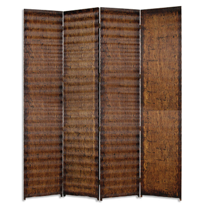 Elegant 4-panel brown wood screen with gold-brown metallic finish, designed for room division and stylish decor.