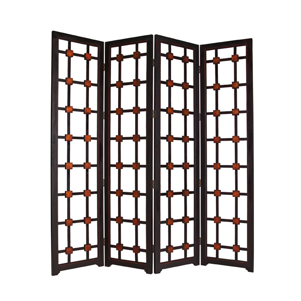 A stylish 4-panel brown wood screen with modern artistic design, perfect for room division and decor enhancement.