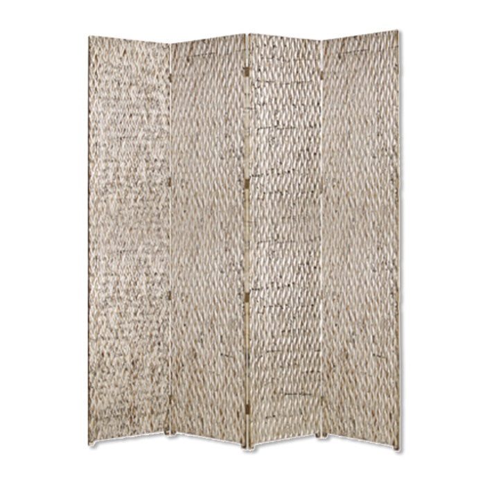 Elegant 4-panel silver wood screen with patterned wood paneling, perfect for room division and decor enhancement.