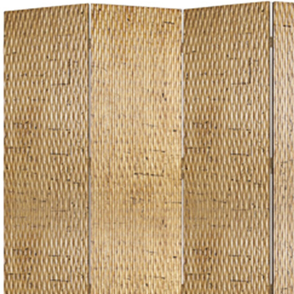 Elegant 4-panel silver wood screen with patterned wood paneling, perfect for room division and decor enhancement.