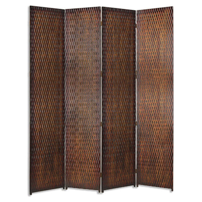 Elegant 4-panel silver wood screen with patterned wood paneling, perfect for room division and decor enhancement.
