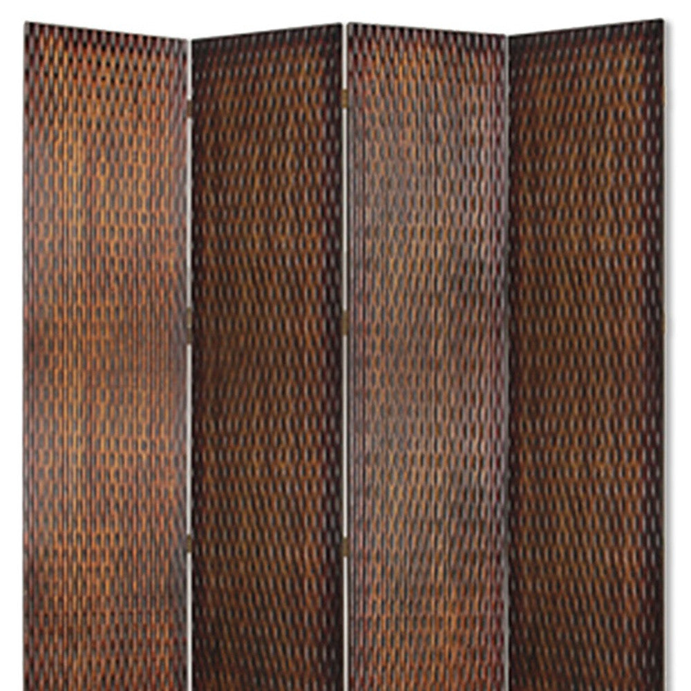Elegant 4-panel silver wood screen with patterned wood paneling, perfect for room division and decor enhancement.