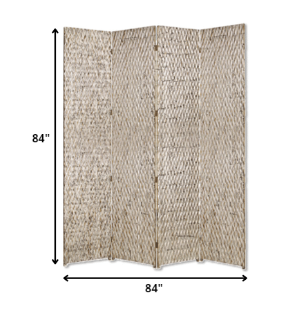 Elegant 4-panel silver wood screen with patterned wood paneling, perfect for room division and decor enhancement.