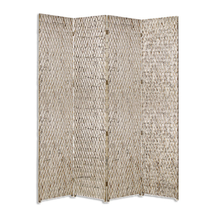 Elegant 4-panel silver wood screen with patterned wood paneling, perfect for room division and decor enhancement.