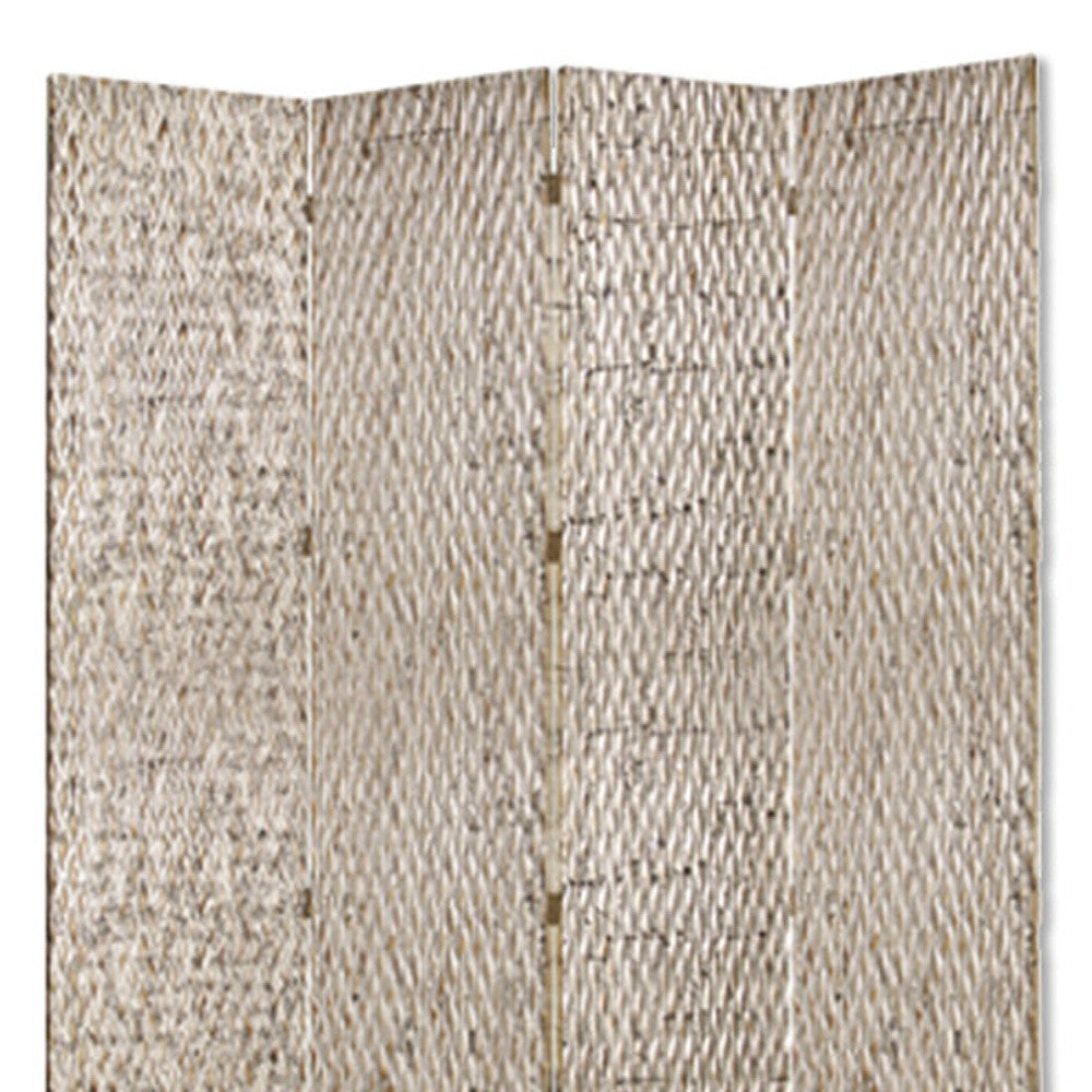 Elegant 4-panel silver wood screen with patterned wood paneling, perfect for room division and decor enhancement.