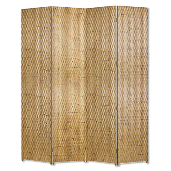 Elegant 4-panel silver wood screen with patterned wood paneling, perfect for room division and decor enhancement.