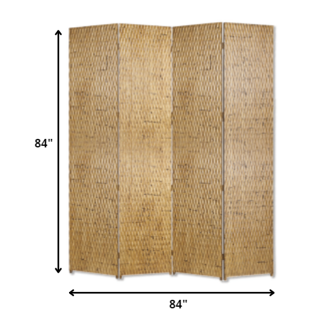 Elegant 4-panel silver wood screen with patterned wood paneling, perfect for room division and decor enhancement.