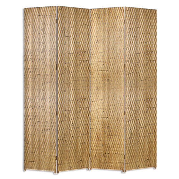 Elegant 4-panel silver wood screen with patterned wood paneling, perfect for room division and decor enhancement.