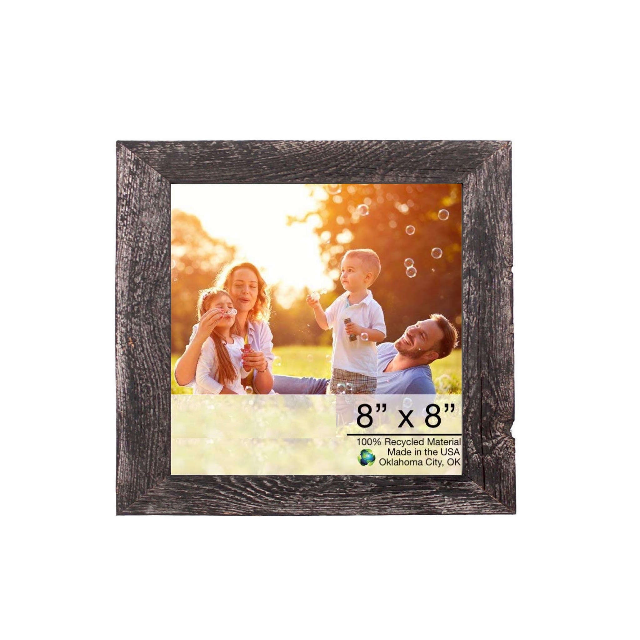 A rustic smoky black picture frame measuring 11x11 inches, made from reclaimed wood, showcasing an elegant design perfect for home decor.