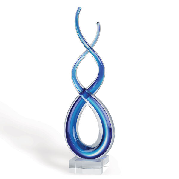 A stunning 20-inch blue art glass centerpiece showcasing modern design and vibrant color, perfect for home decor.