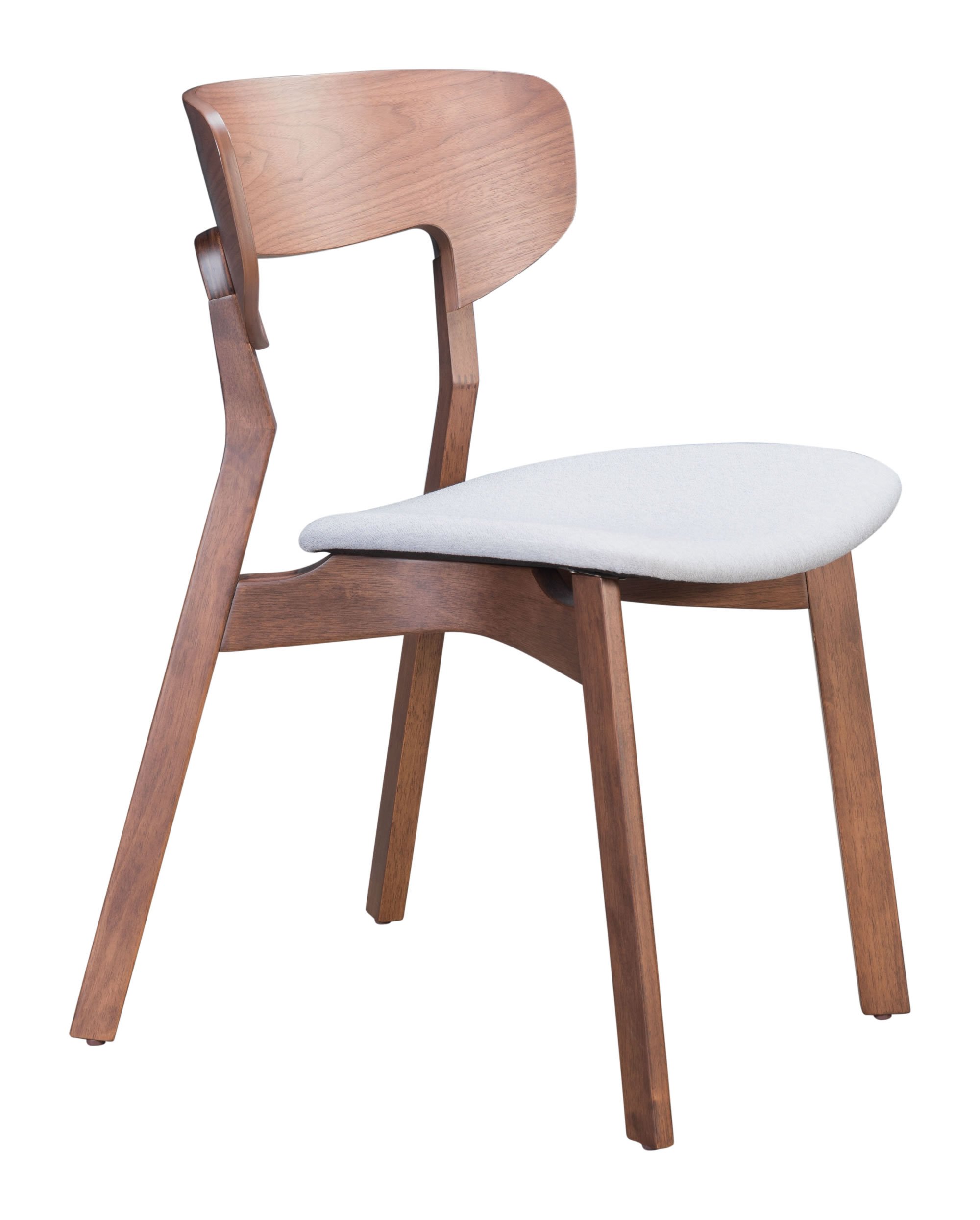 A stylish walnut and light gray dining chair featuring a retro-modern design with a flared open back and padded cushion.