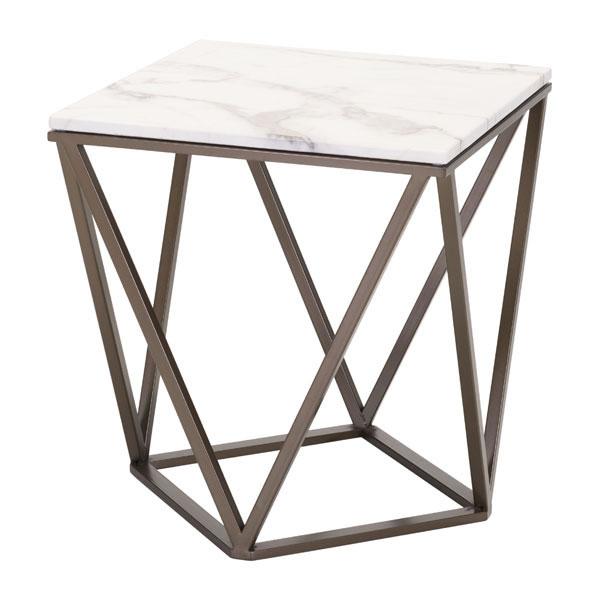 20.1 inch Stone and Brass Faux End Table with geometric pattern base and smooth faux marble top.