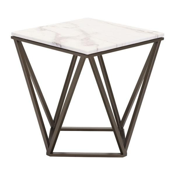 20.1 inch Stone and Brass Faux End Table with geometric pattern base and smooth faux marble top.