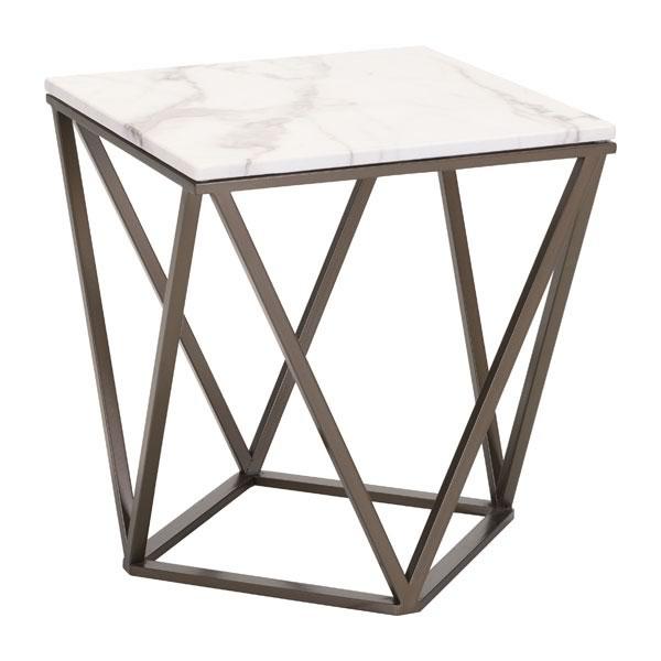20.1 inch Stone and Brass Faux End Table with geometric pattern base and smooth faux marble top.