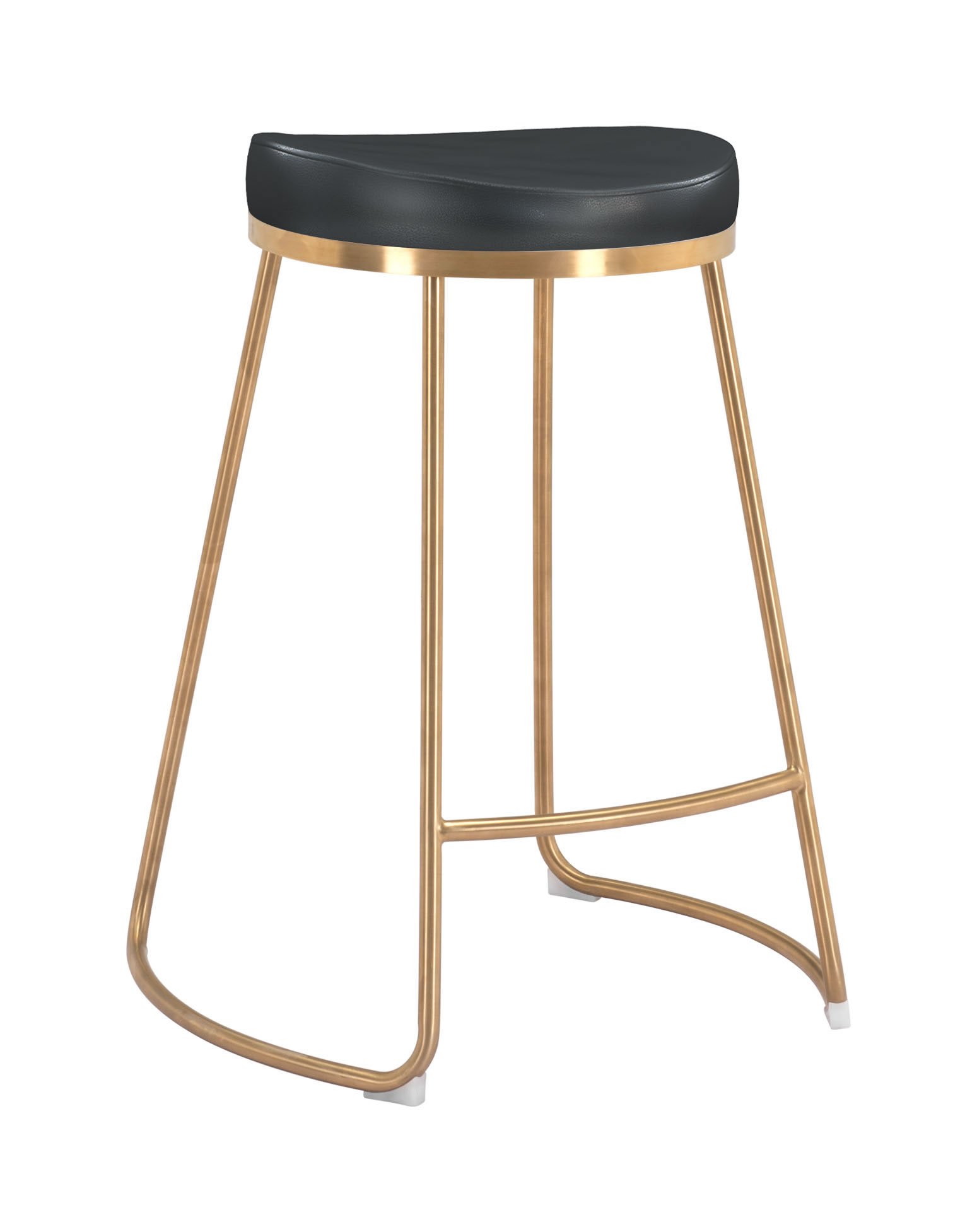 Stylish black leatherette counter stool with gold stainless steel legs and padded cushion, perfect for modern kitchens and bars.
