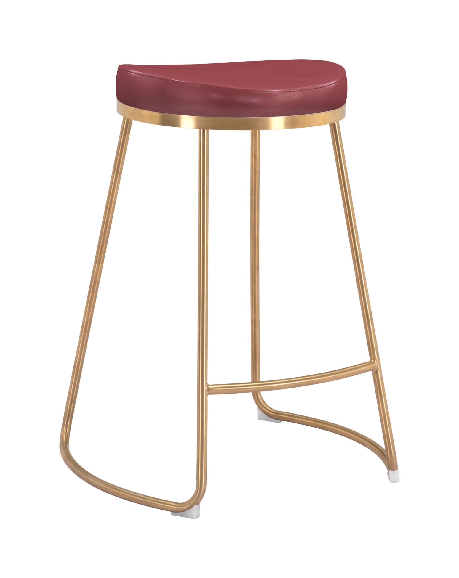 Burgundy leatherette counter stool with gold stainless steel legs, featuring a round seat and protective plastic feet.