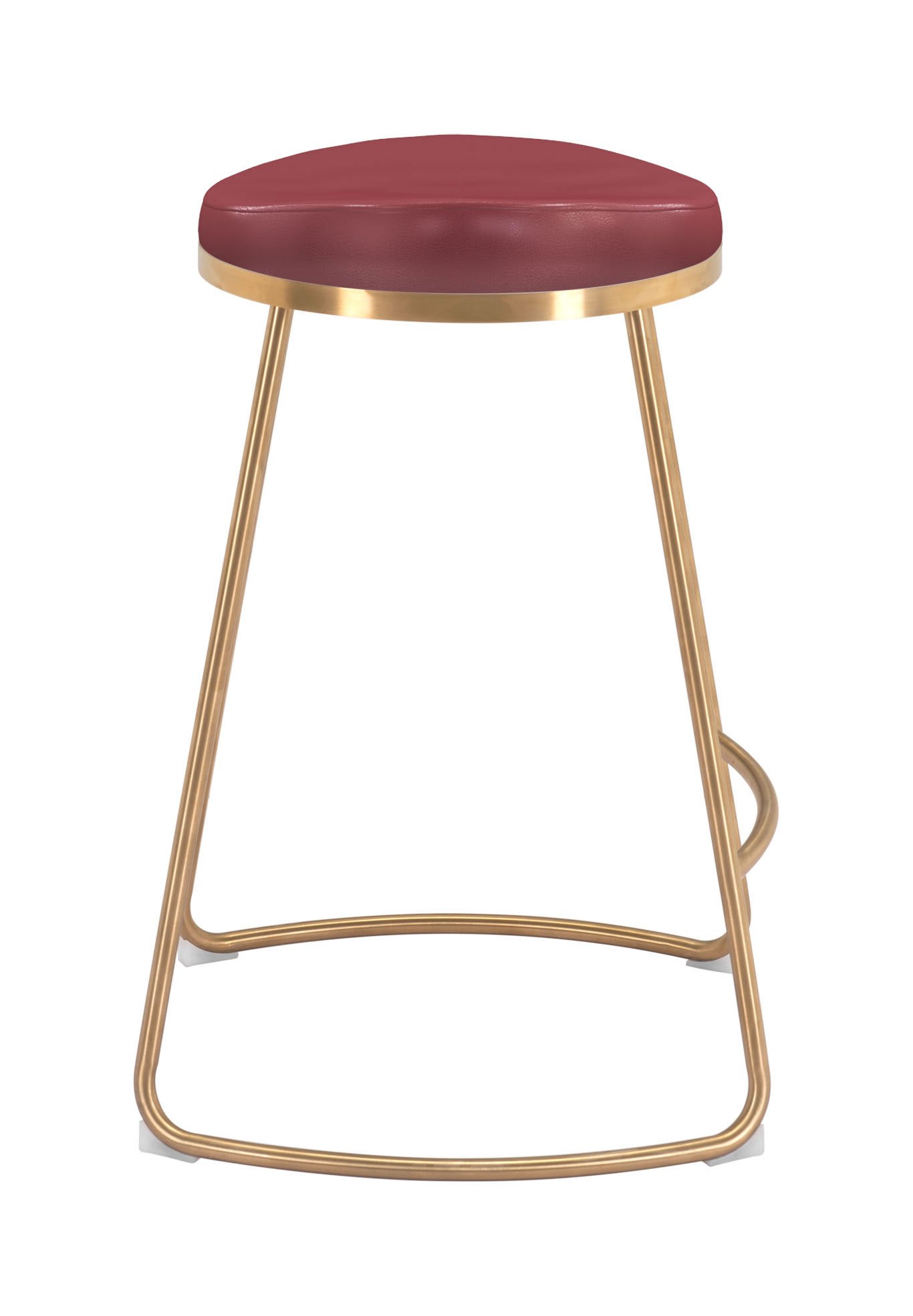 Burgundy leatherette counter stool with gold stainless steel legs, featuring a round seat and protective plastic feet.