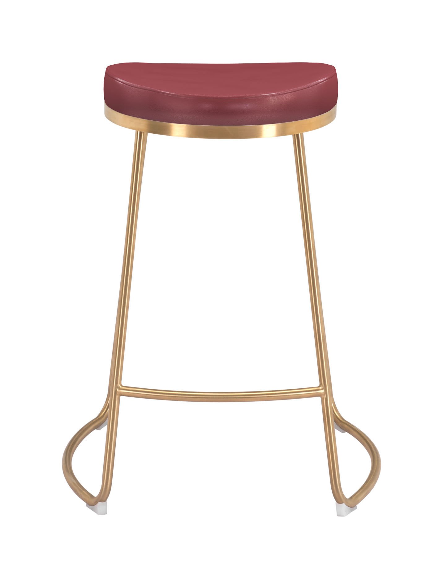 Burgundy leatherette counter stool with gold stainless steel legs, featuring a round seat and protective plastic feet.