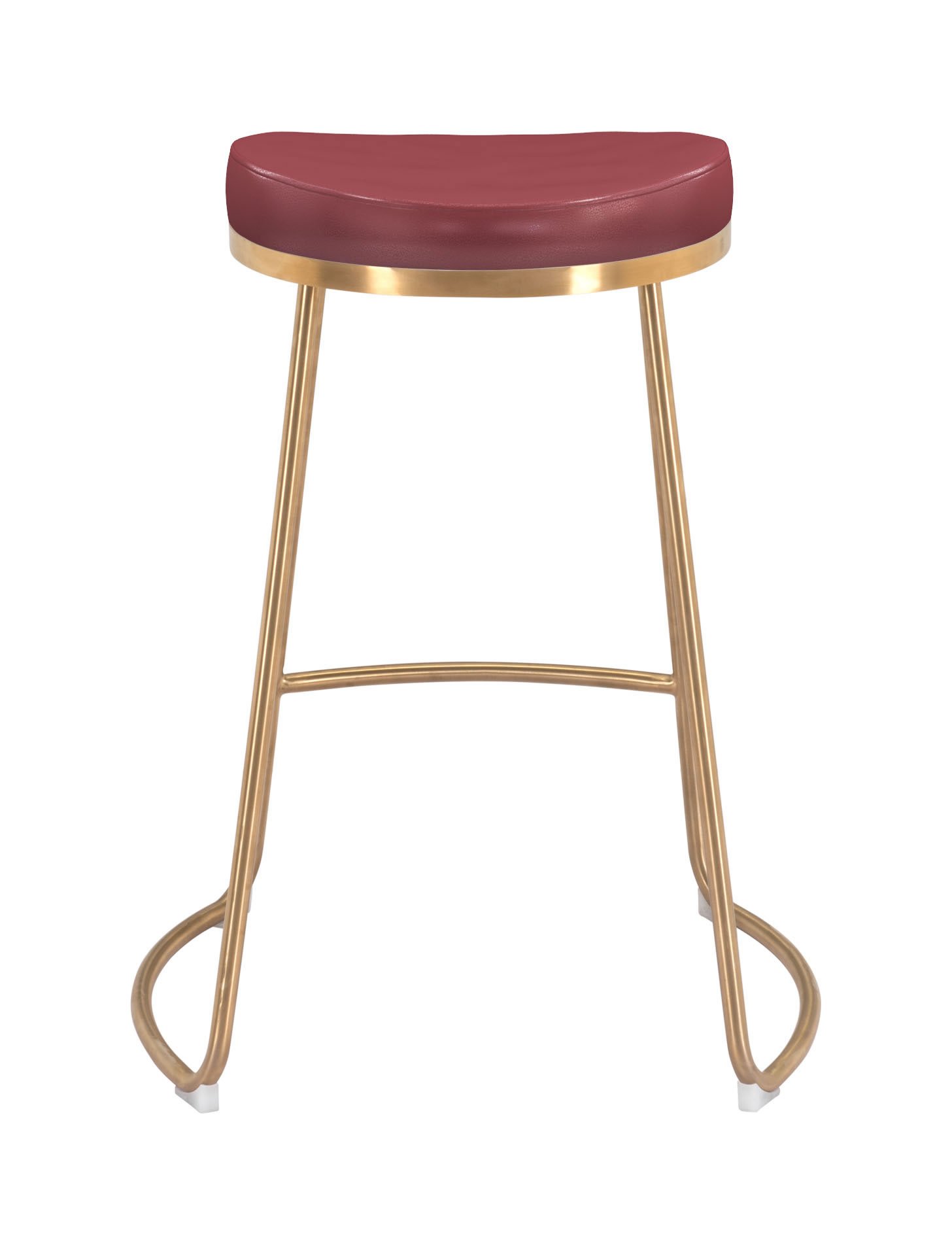 Burgundy leatherette counter stool with gold stainless steel legs, featuring a round seat and protective plastic feet.