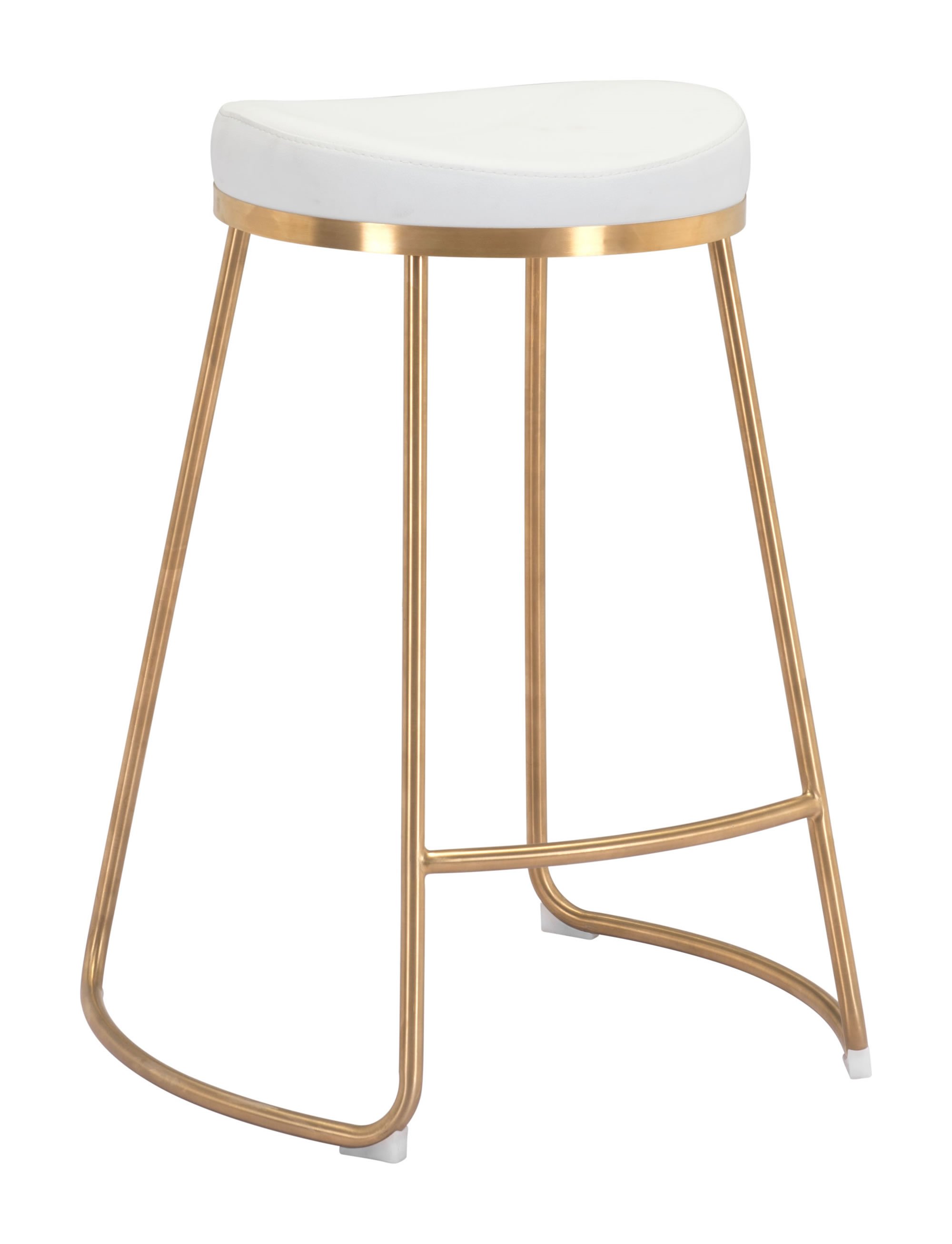 Stylish white leatherette counter stool with gold stainless steel legs, featuring a round padded seat and protective plastic feet.
