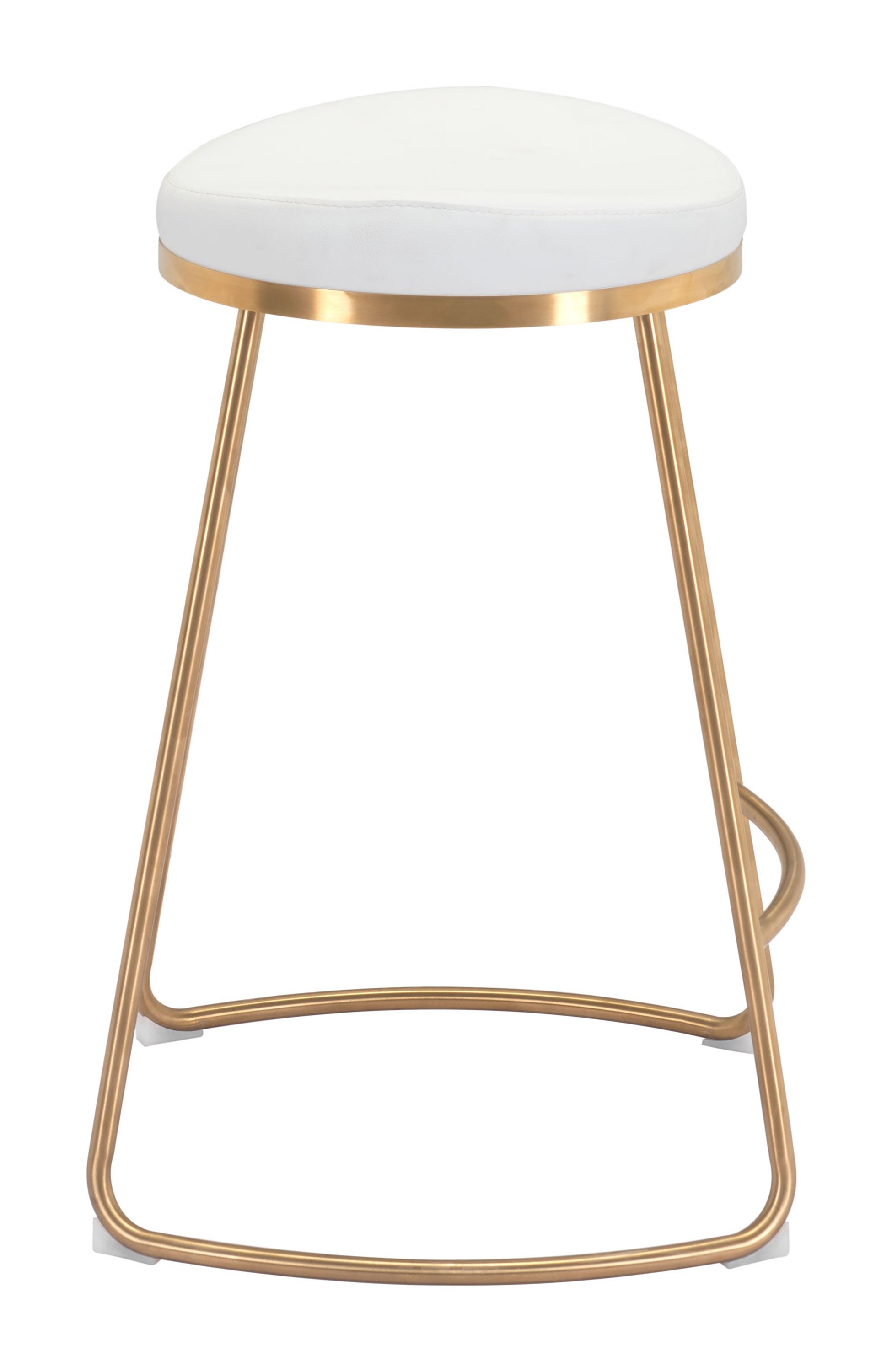 Stylish white leatherette counter stool with gold stainless steel legs, featuring a round padded seat and protective plastic feet.