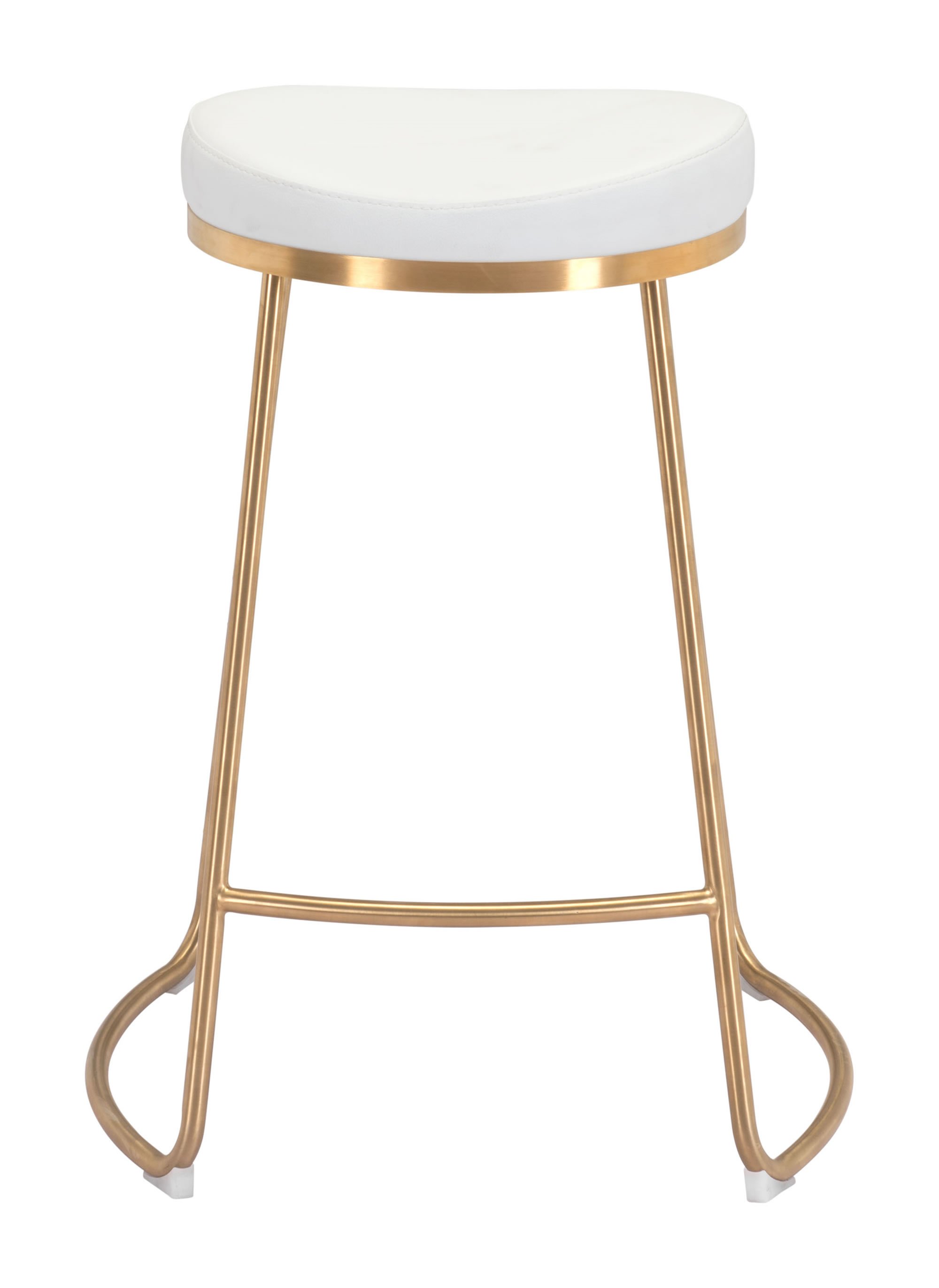 Stylish white leatherette counter stool with gold stainless steel legs, featuring a round padded seat and protective plastic feet.