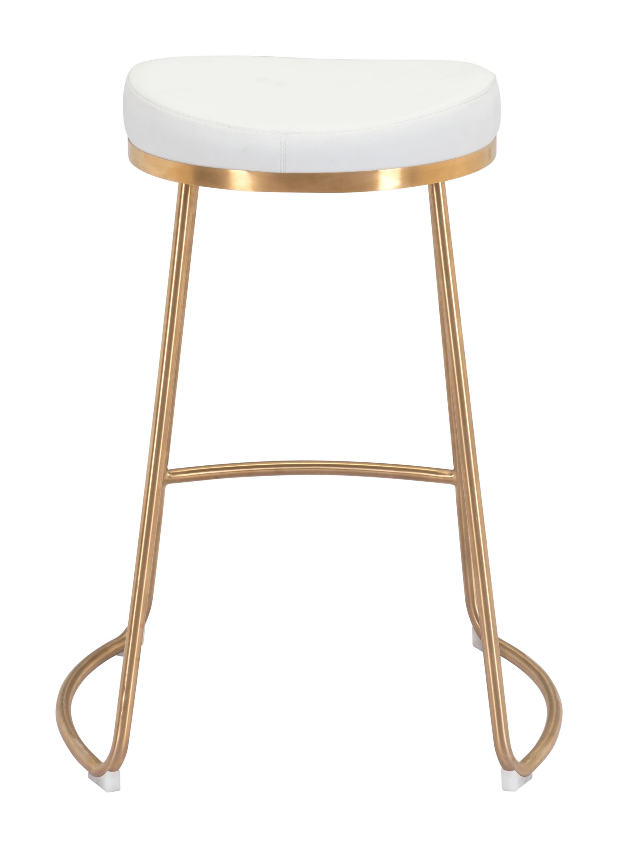 Stylish white leatherette counter stool with gold stainless steel legs, featuring a round padded seat and protective plastic feet.