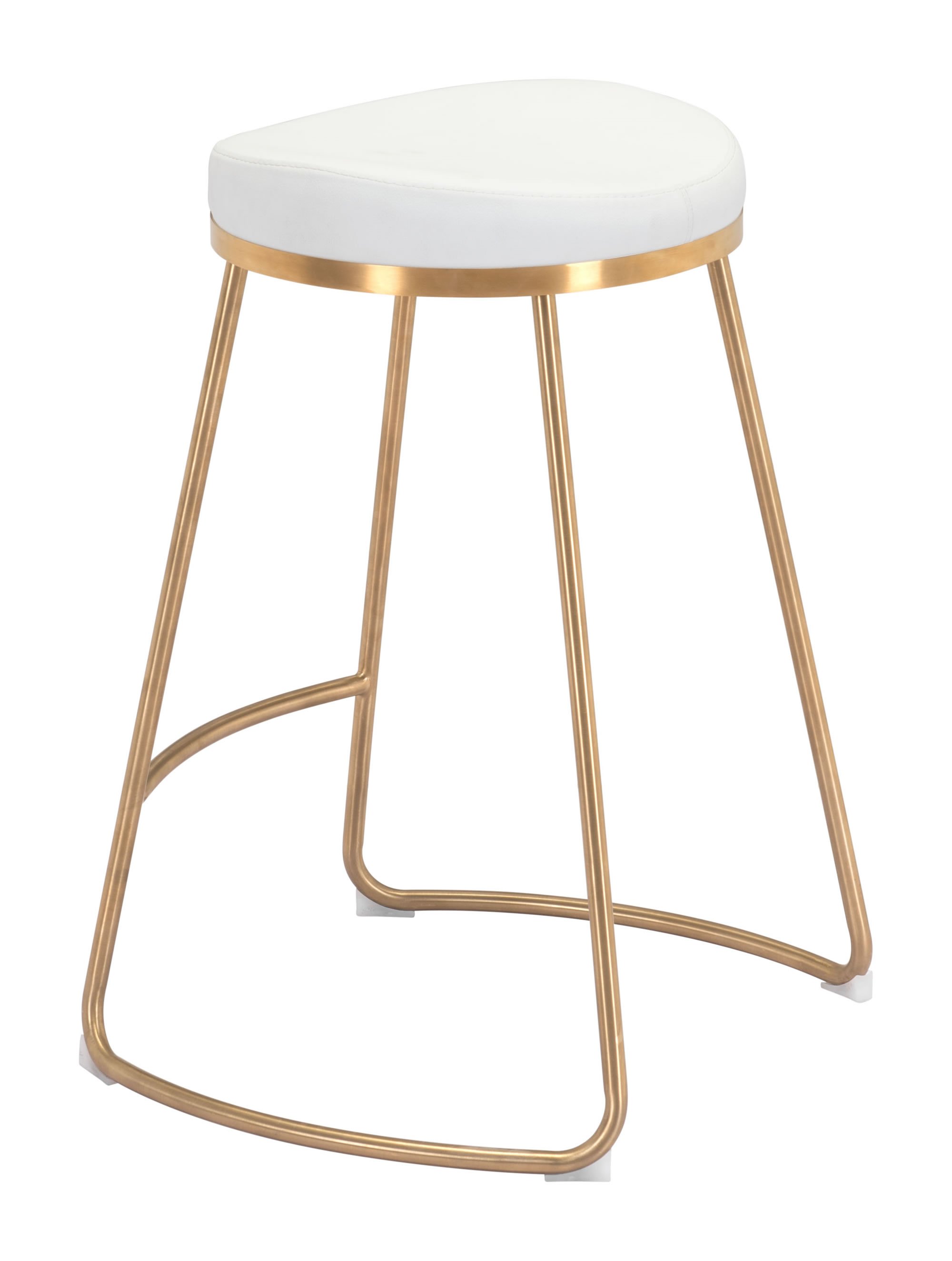 Stylish white leatherette counter stool with gold stainless steel legs, featuring a round padded seat and protective plastic feet.