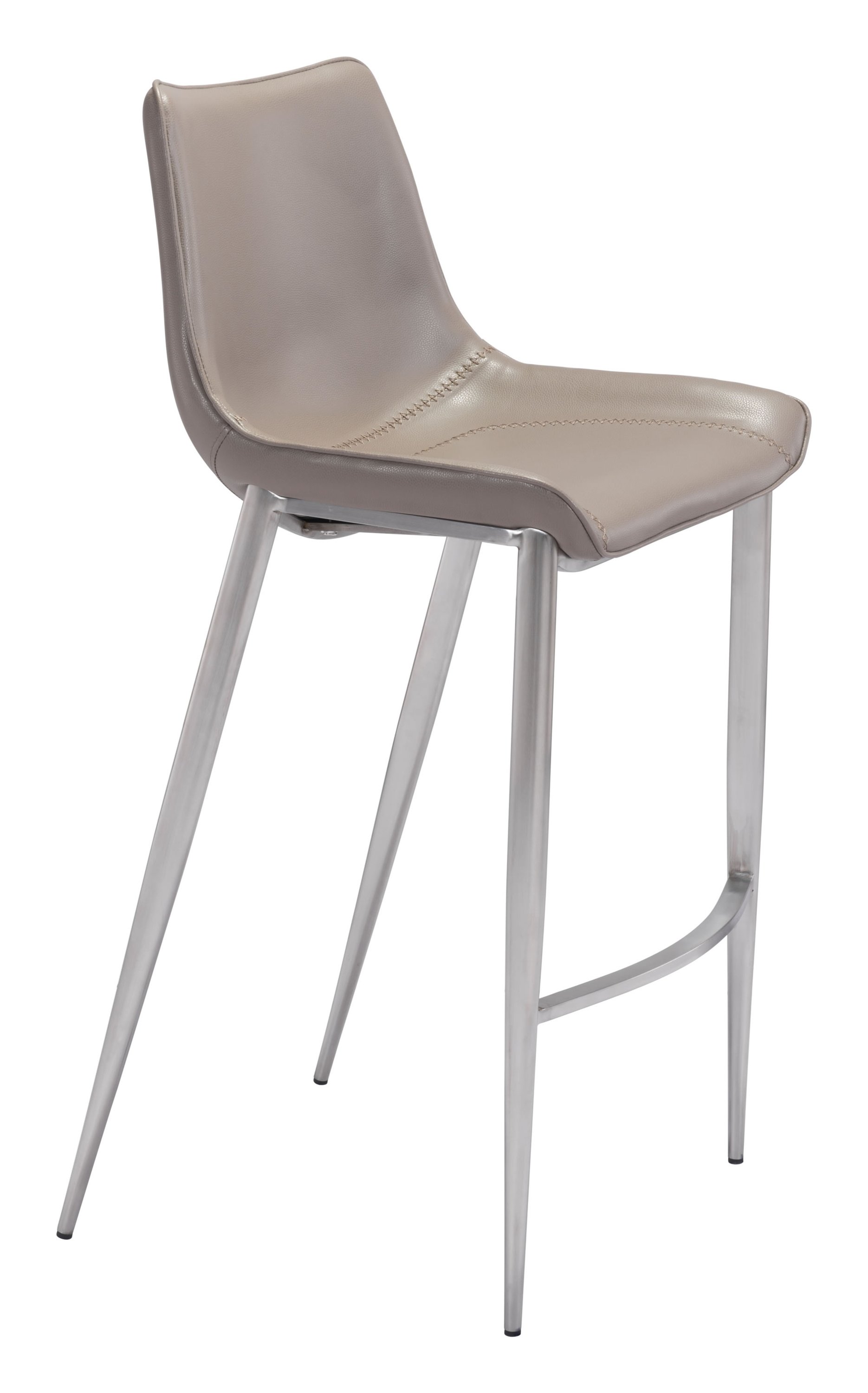 Stylish gray leatherette bar chair with brushed stainless steel legs, featuring a curved seat and protective feet for floor safety.
