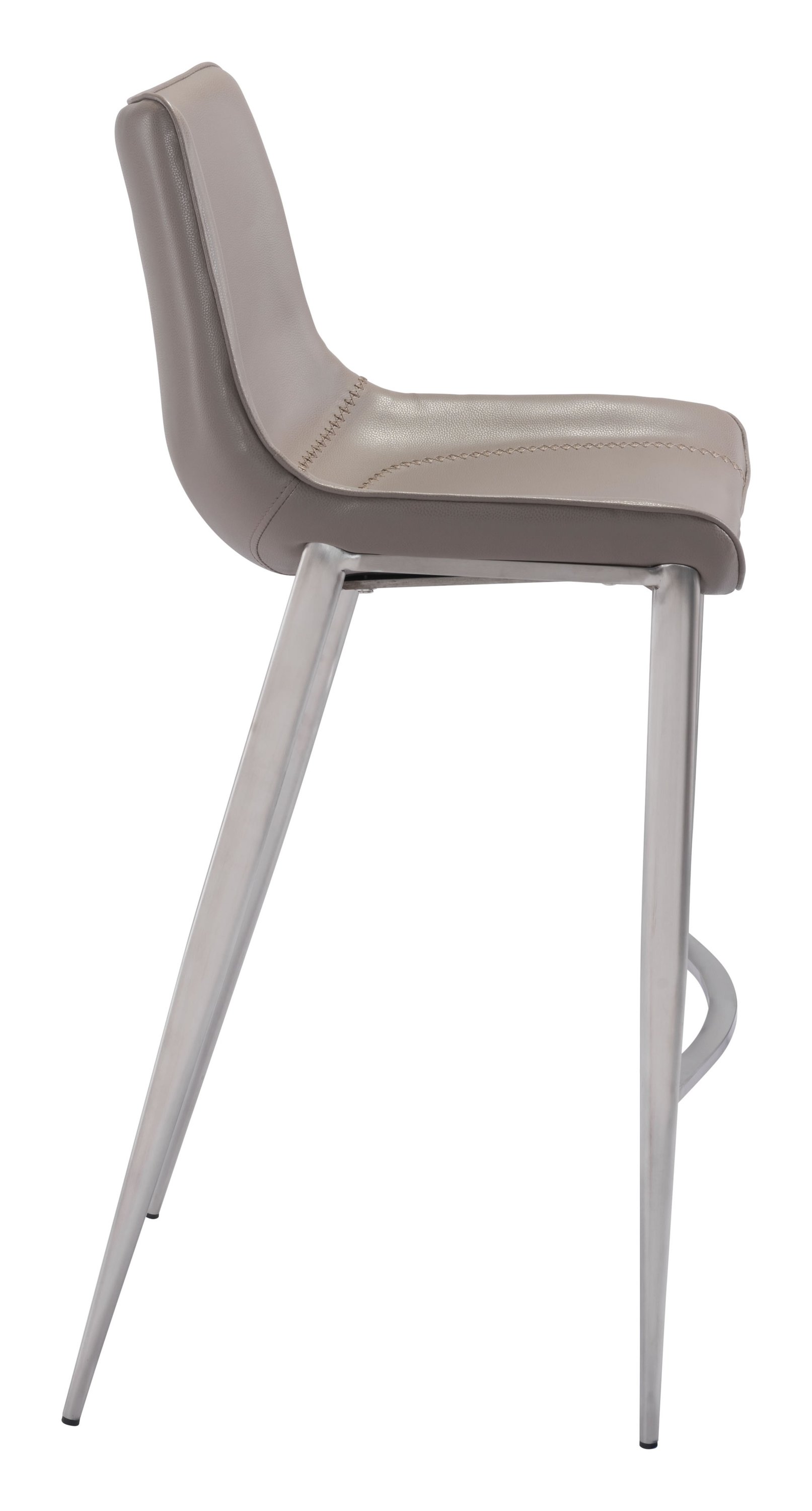 Stylish gray leatherette bar chair with brushed stainless steel legs, featuring a curved seat and protective feet for floor safety.