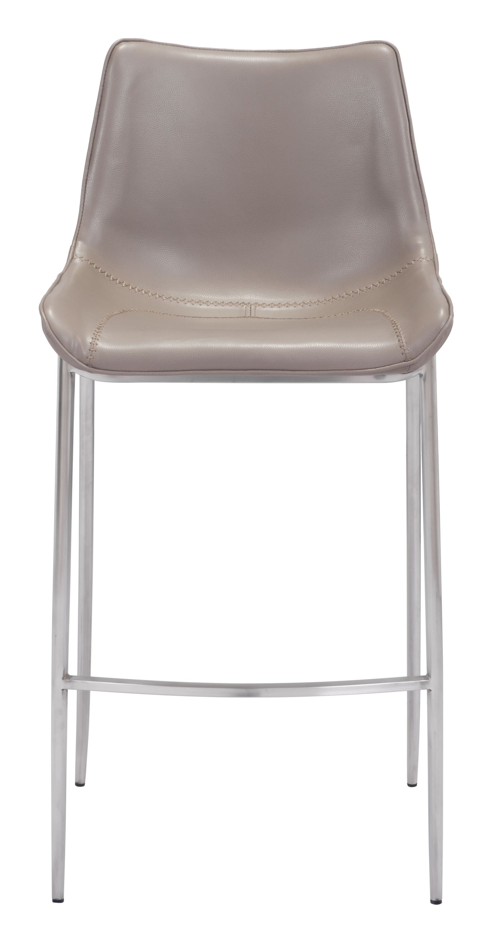Stylish gray leatherette bar chair with brushed stainless steel legs, featuring a curved seat and protective feet for floor safety.