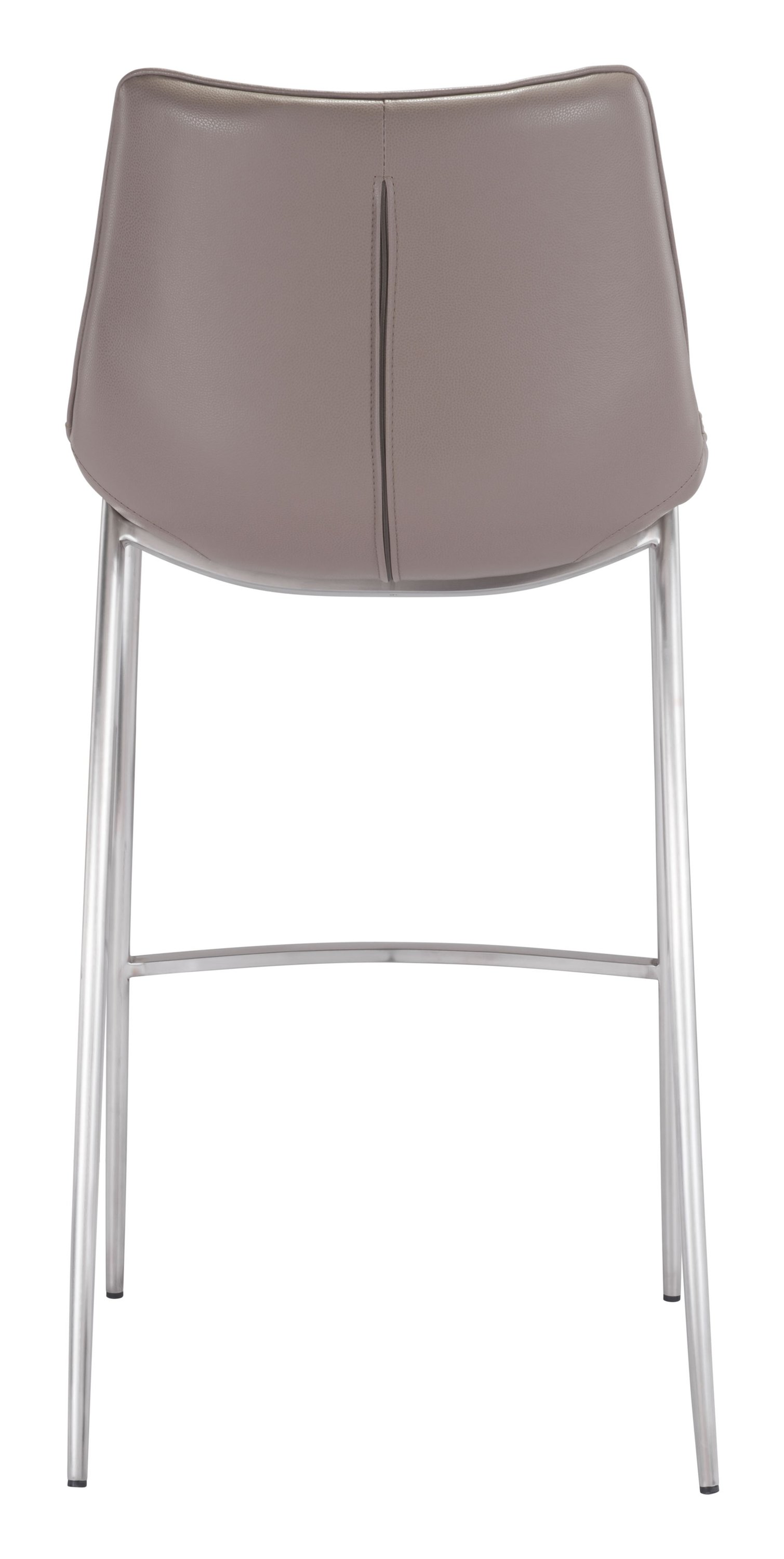 Stylish gray leatherette bar chair with brushed stainless steel legs, featuring a curved seat and protective feet for floor safety.