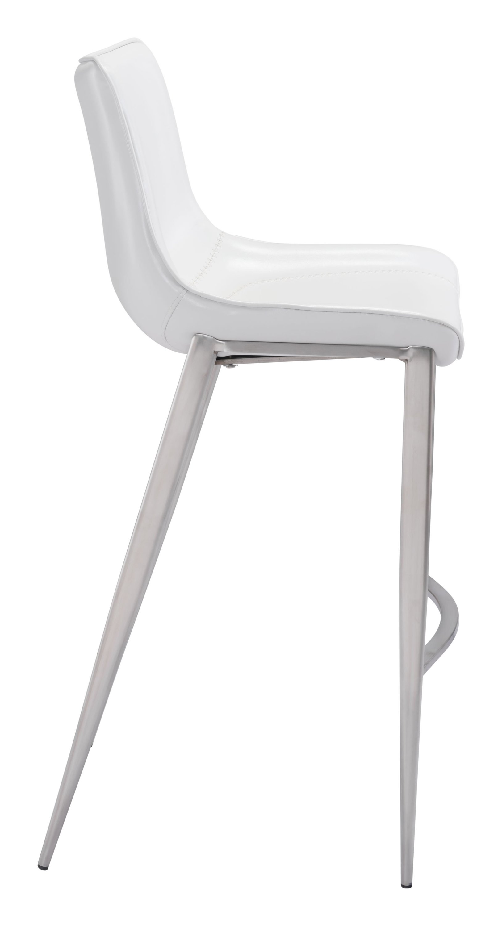 Stylish white leatherette bar chair with brushed stainless steel legs, featuring a curved seat and dramatic stitching.