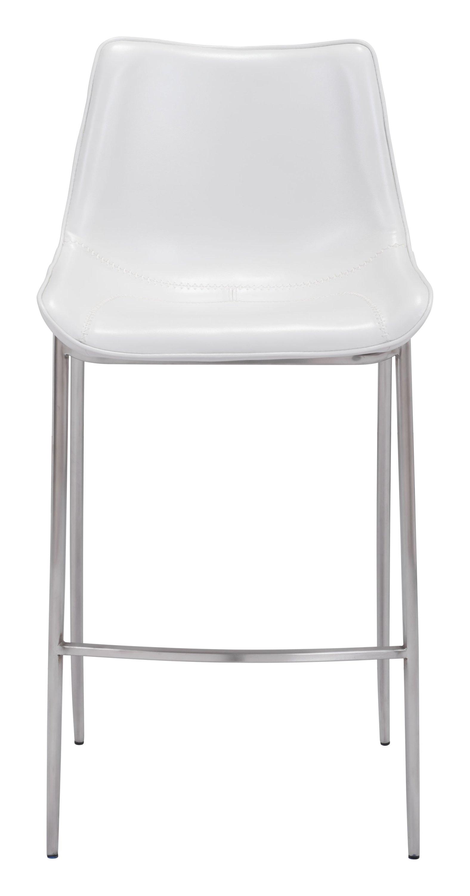 Stylish white leatherette bar chair with brushed stainless steel legs, featuring a curved seat and dramatic stitching.