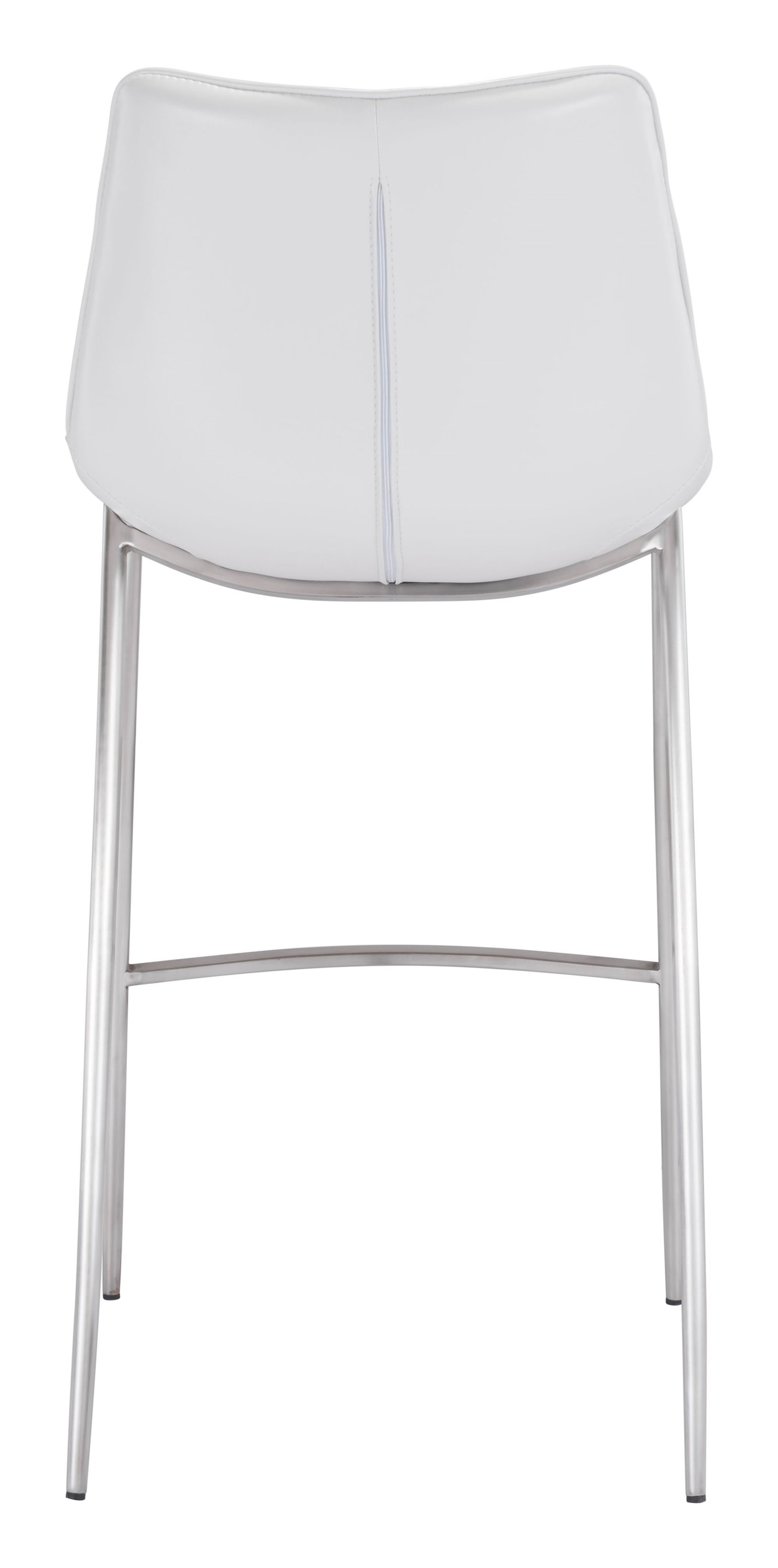 Stylish white leatherette bar chair with brushed stainless steel legs, featuring a curved seat and dramatic stitching.