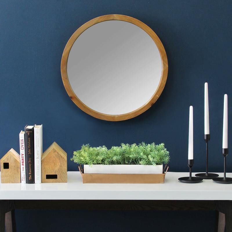 20 inches chic round wood framed wall mirror with light natural wood finish, perfect for home decor.