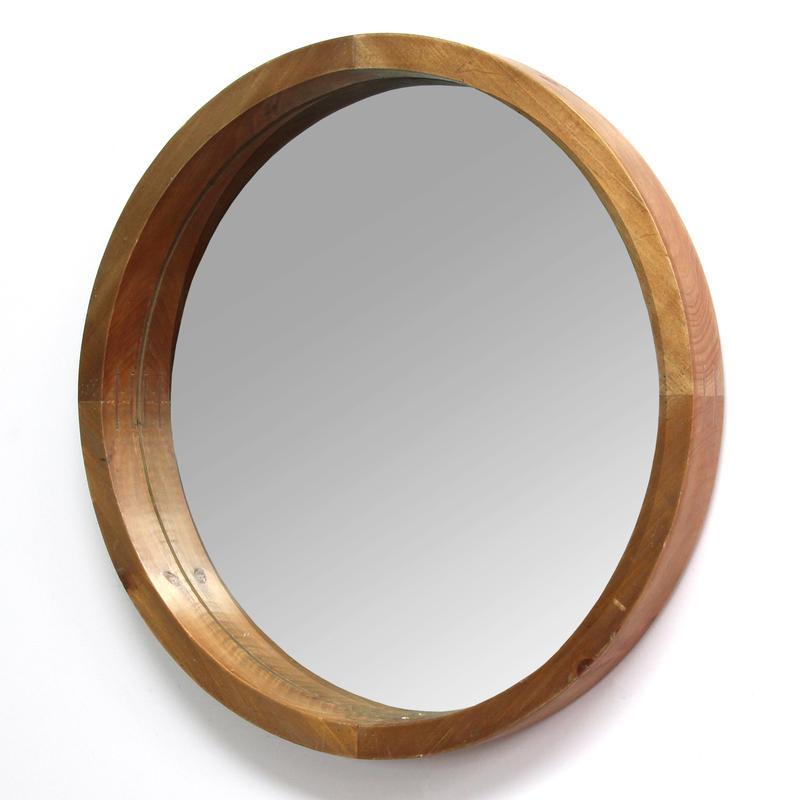 20 inches chic round wood framed wall mirror with light natural wood finish, perfect for home decor.