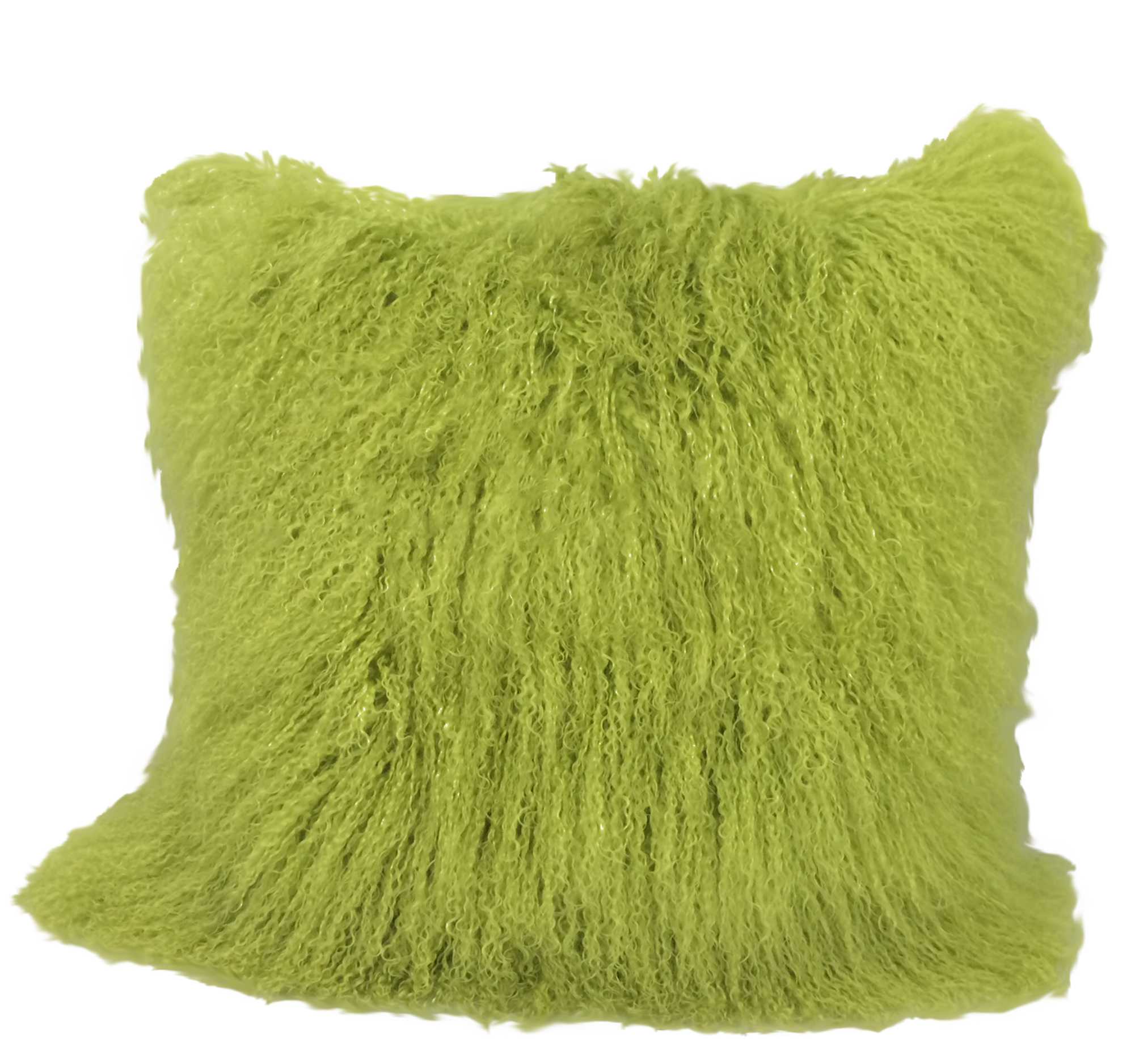 20-inch lime green genuine Tibetan lamb fur pillow with soft microsuede backing, perfect for home decor.