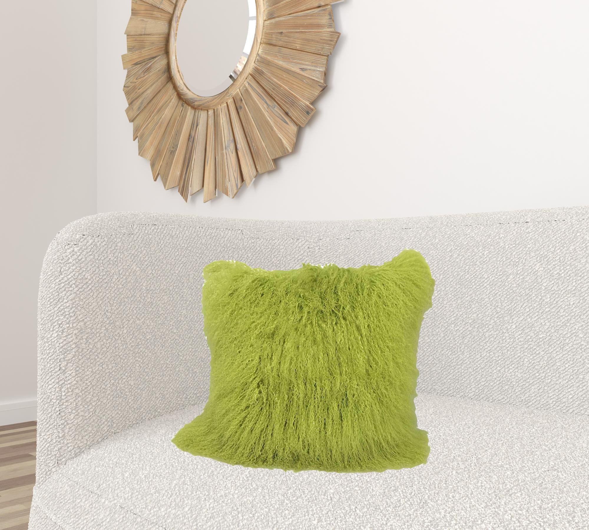 20-inch lime green genuine Tibetan lamb fur pillow with soft microsuede backing, perfect for home decor.