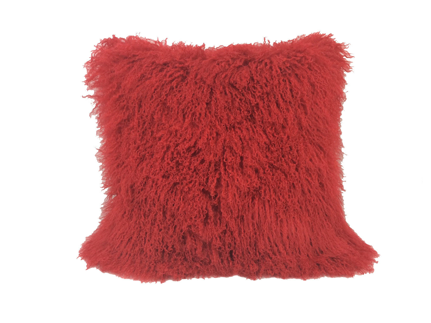 20-inch red genuine Tibetan lamb fur pillow with soft microsuede backing, perfect for home decor and comfort.