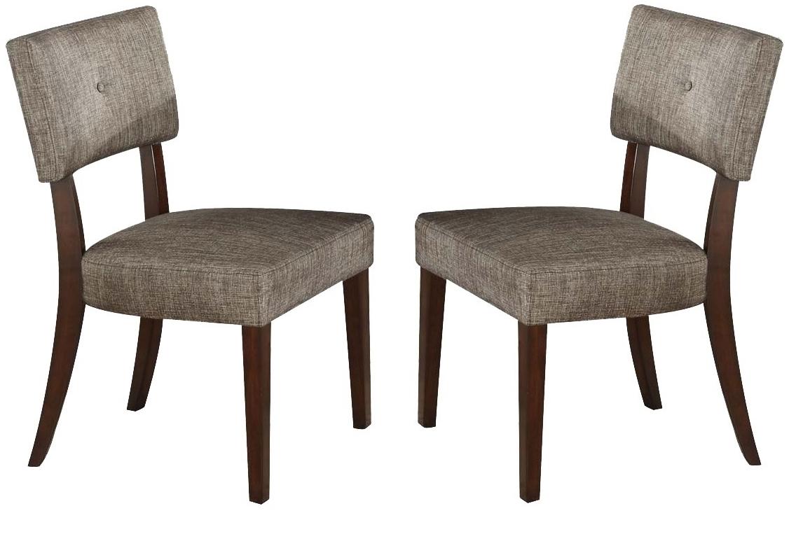 Two contemporary gray fabric side chairs with espresso finished wooden legs, elegantly designed for dining rooms.
