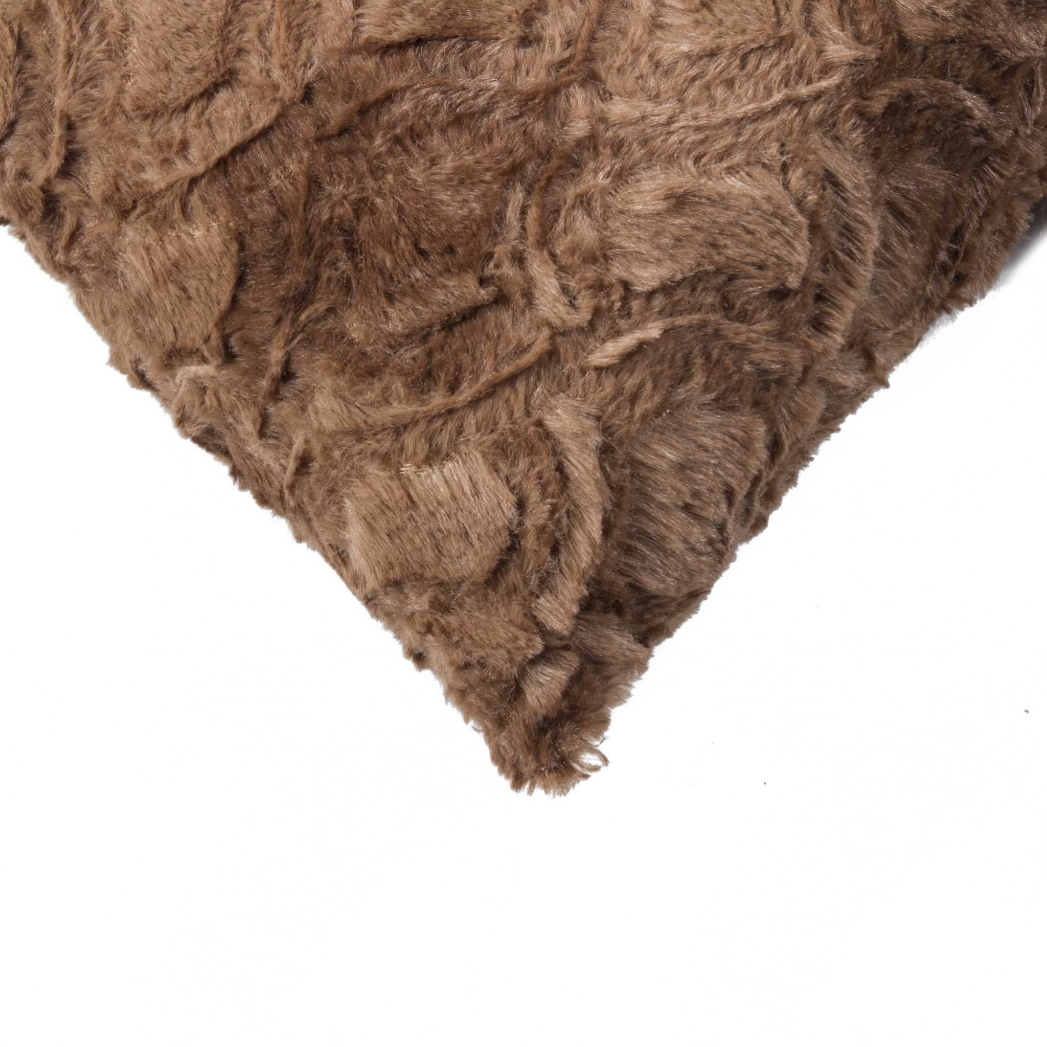 Two luxurious brown acrylic plush polyester polyfill pillows, measuring 20x20 inches, showcasing a soft faux fur texture.